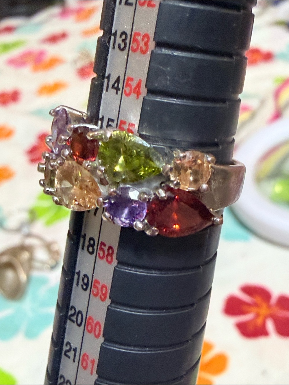 Multi‑Gemstone Silver Band Ring – Purple, Green, Red, Peach & Champagne Stones,